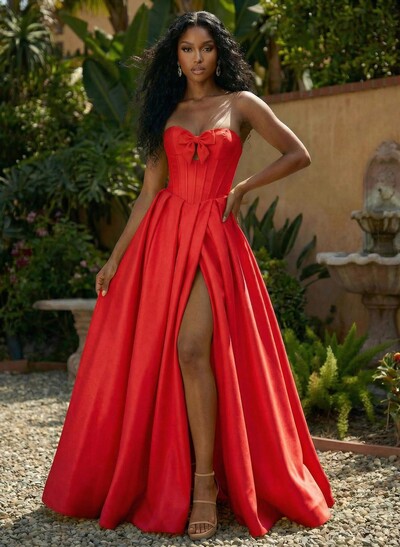 A-Line Sweetheart Sleeveless Sweep Train Satin Prom Dresses With Bow(s)/High Split