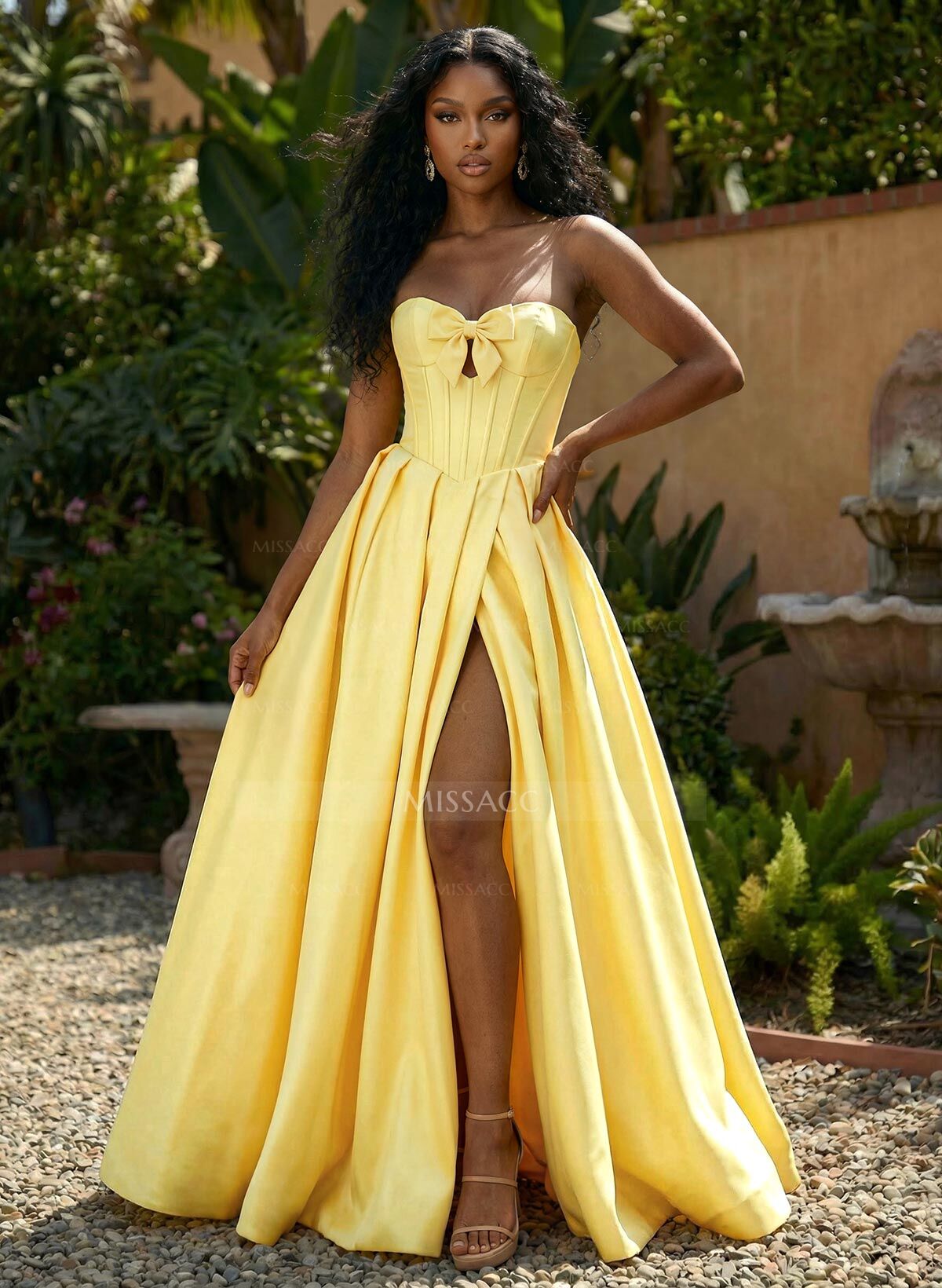 A-Line Sweetheart Sleeveless Sweep Train Satin Prom Dresses With Bow(s)/High Split