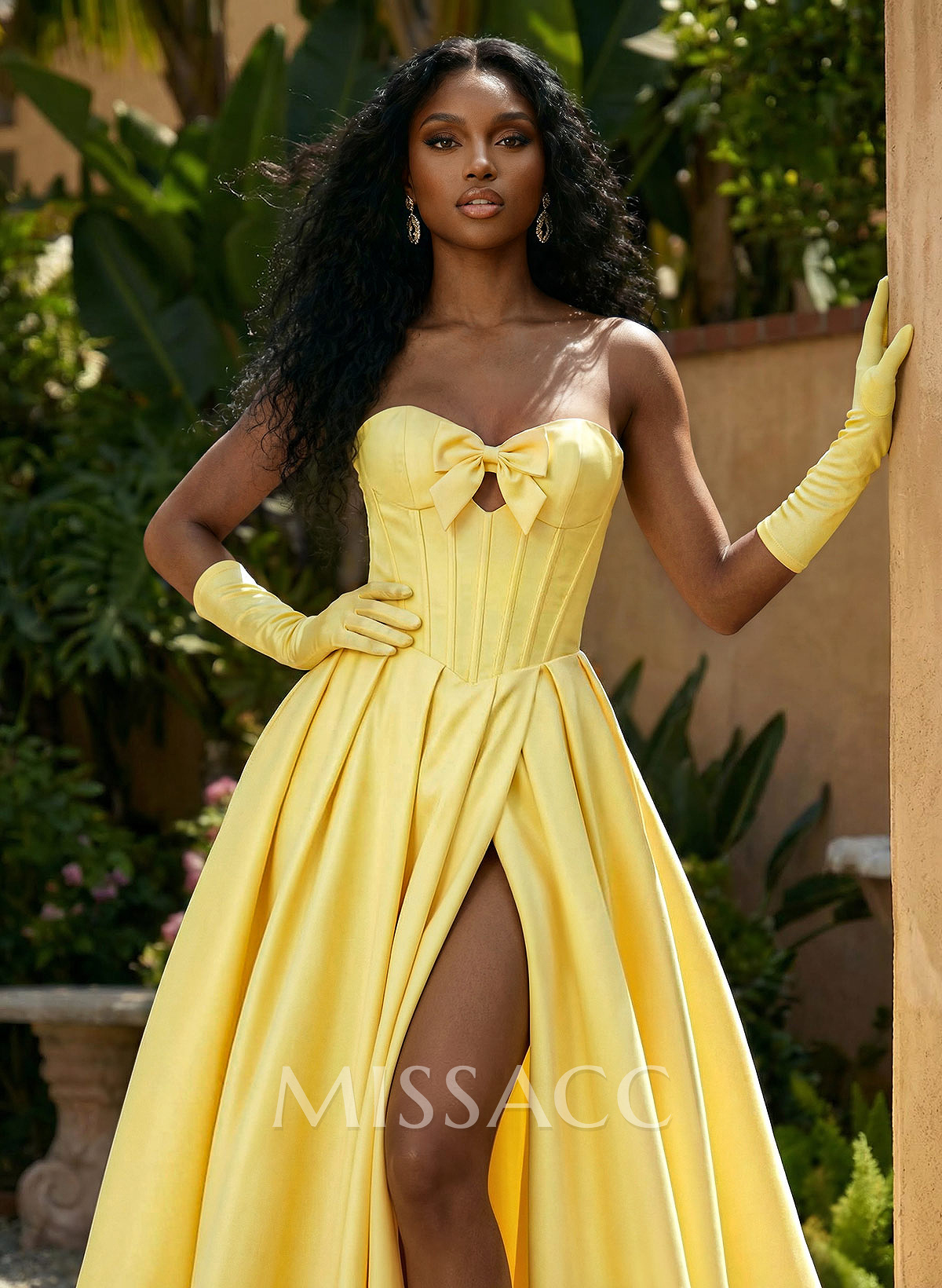 A-Line Sweetheart Sleeveless Sweep Train Satin Prom Dresses With Bow(s)/High Split