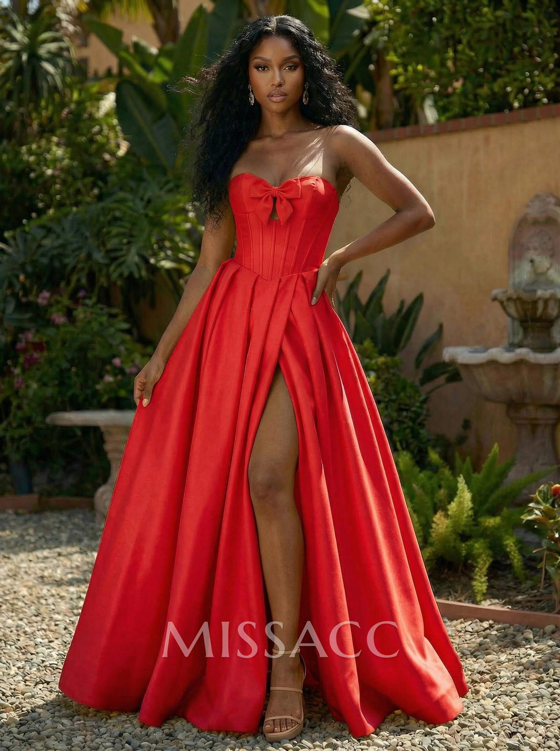 A-Line Sweetheart Sleeveless Sweep Train Satin Prom Dresses With Bow(s)/High Split
