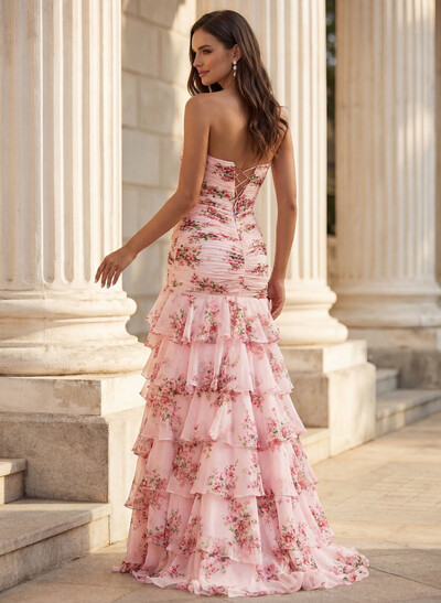 Trumpet/Mermaid Sweetheart Sweep Train 30D Chiffon Prom Dreses With Cascading Ruffles/High Split/Tiered