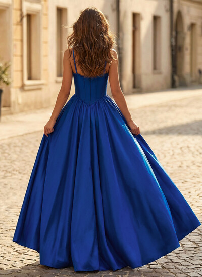A-Line Sweetheart Sleeveless Floor-Length Satin Prom Dresses With High Split
