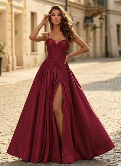 A-Line Sweetheart Sleeveless Floor-Length Satin Prom Dresses With High Split