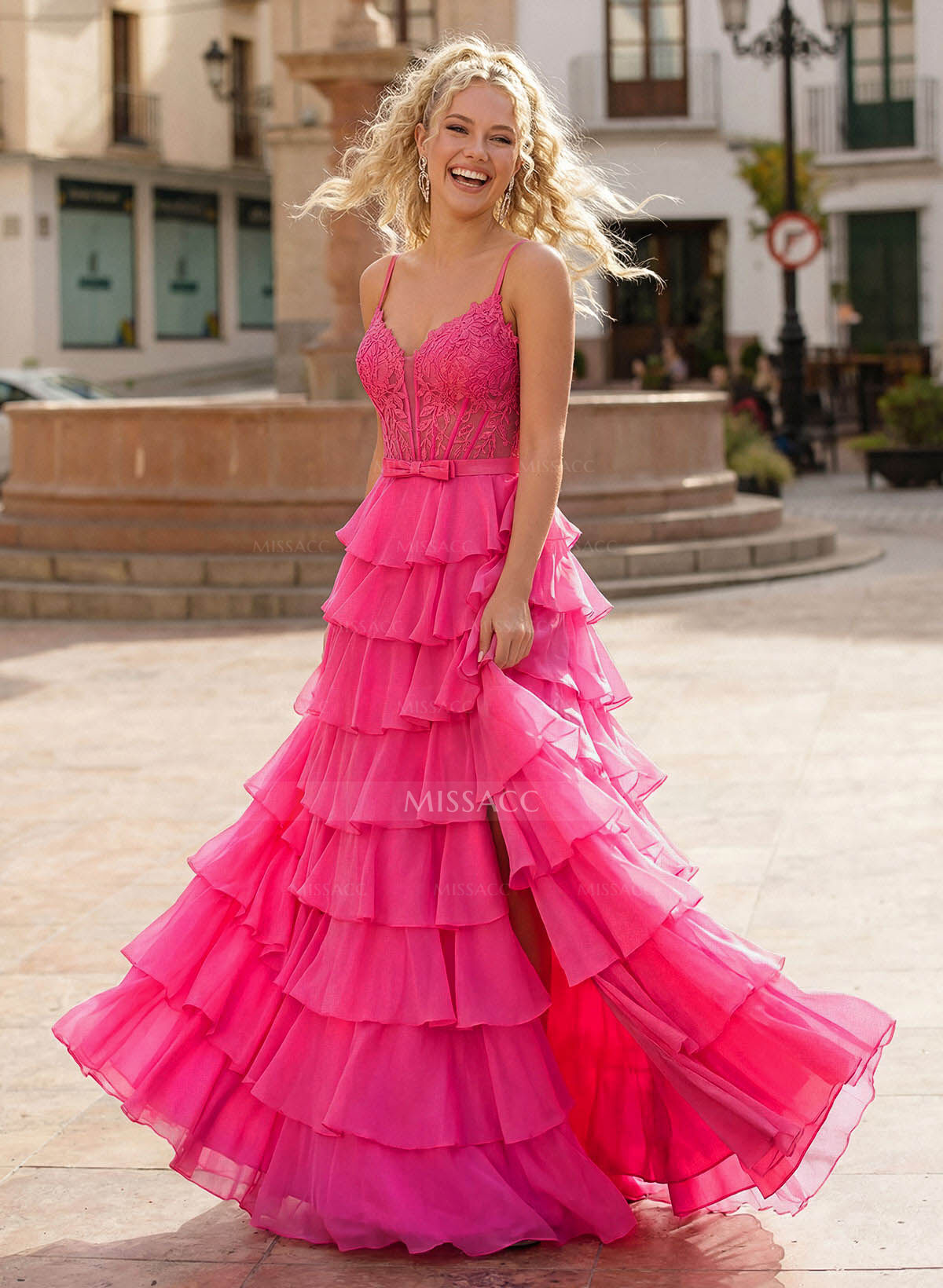 A-Line Sweetheart High Split Sweep Train Chiffon Prom Dresses With Cascading Ruffles/Appliques Lace/Tiered