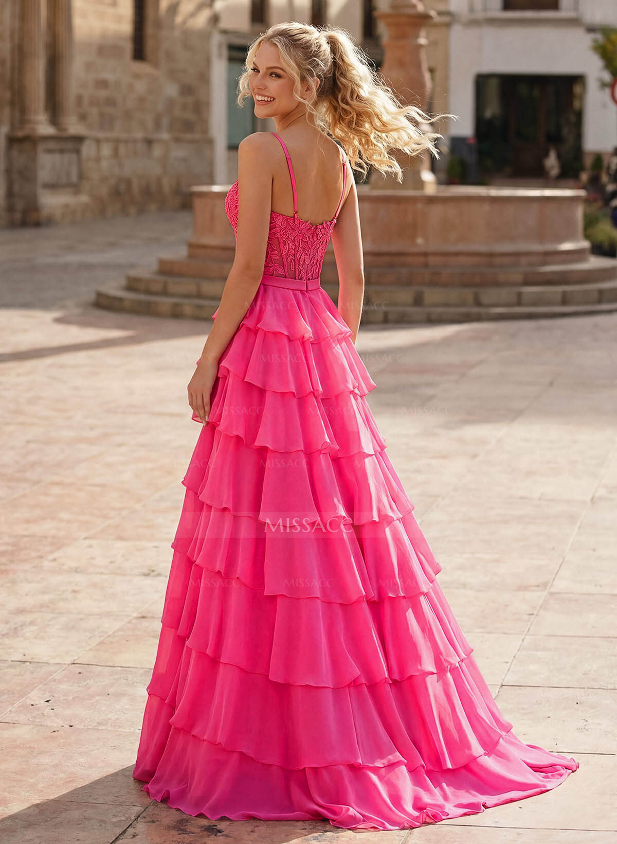 A-Line Sweetheart High Split Sweep Train Chiffon Prom Dresses With Cascading Ruffles/Appliques Lace/Tiered