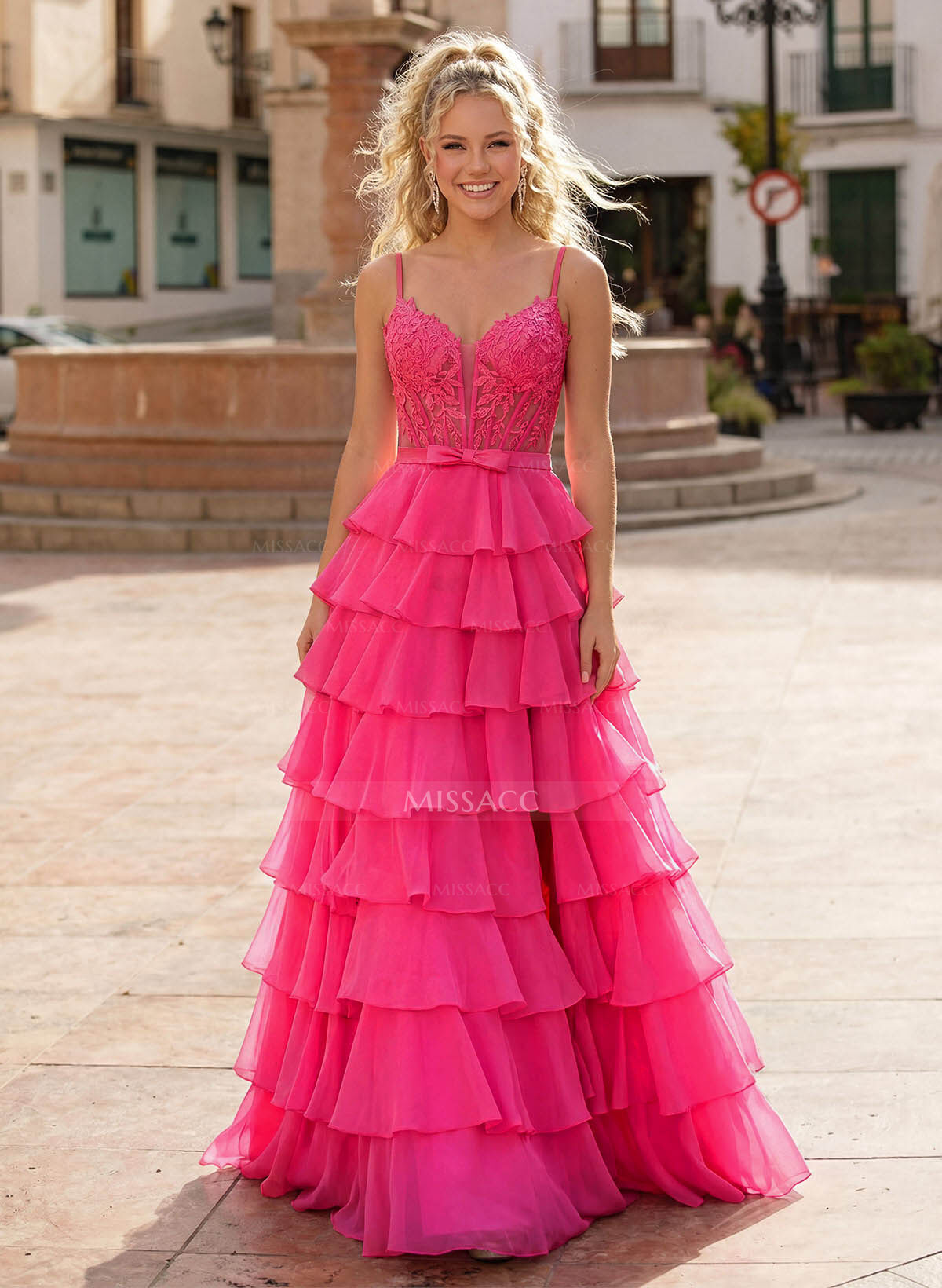 A-Line Sweetheart High Split Sweep Train Chiffon Prom Dresses With Cascading Ruffles/Appliques Lace/Tiered