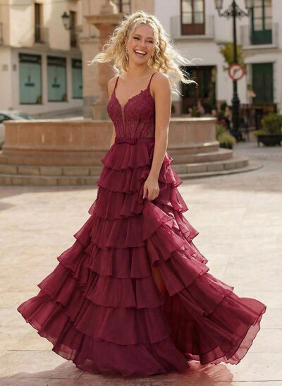 A-Line Sweetheart High Split Sweep Train Chiffon Prom Dresses With Cascading Ruffles/Appliques Lace/Tiered