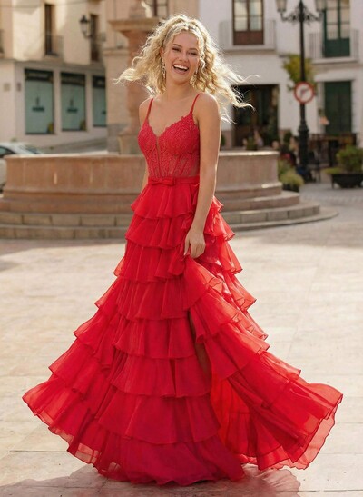 A-Line Sweetheart High Split Sweep Train Chiffon Prom Dresses With Cascading Ruffles/Appliques Lace/Tiered