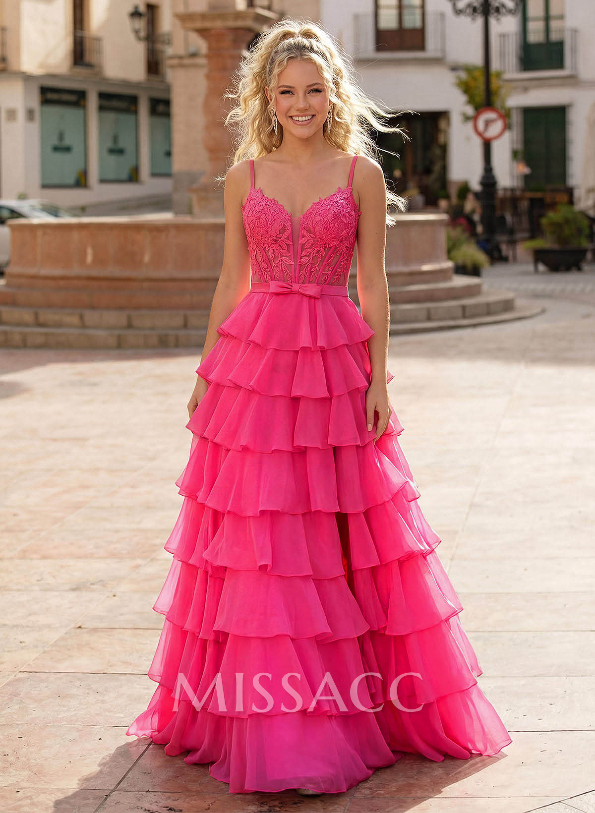 A-Line Sweetheart High Split Sweep Train Chiffon Prom Dresses With Cascading Ruffles/Appliques Lace/Tiered
