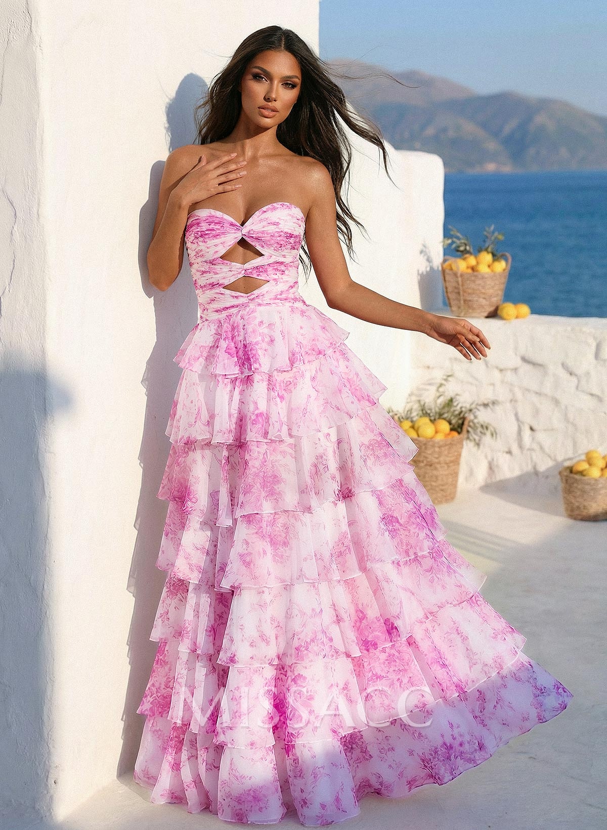 A-Line Strapless Floor-Length Organza Prom Dresses With Cascading Ruffles/Floral-Print/Tiered