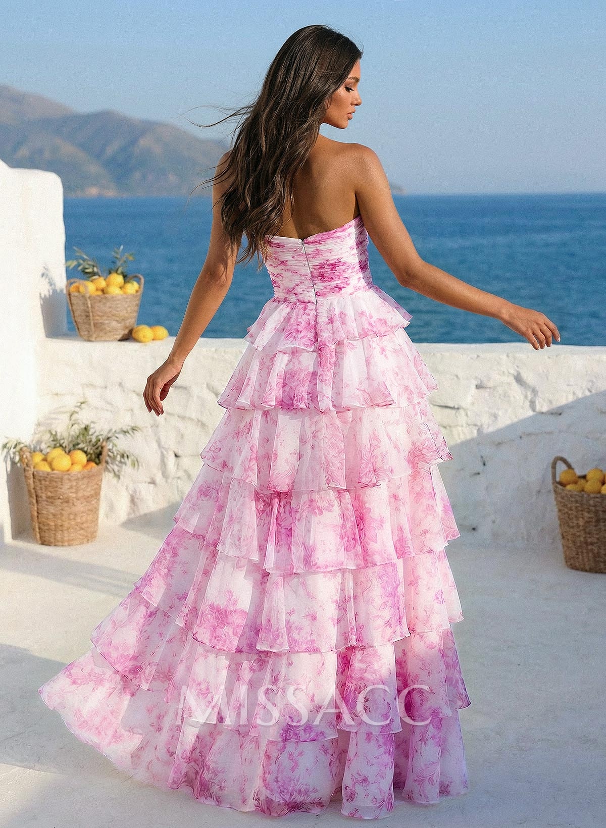 A-Line Strapless Floor-Length Organza Prom Dresses With Cascading Ruffles/Floral-Print/Tiered