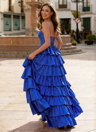 A-Line Sweetheart Floor-Length Stretch Satin Knit Prom Dresses With Cascading Ruffles/High Split/Tiered