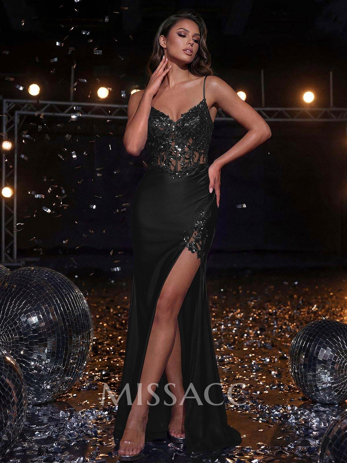 Trumpet/Mermaid V-Neck Sweep Train Stretch Satin Knit Prom Dresses With Sequins/Appliques Lace/High Split