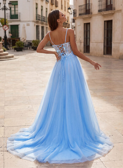 A-Line V-Neck Sleeveless Sweep Train Satin Prom Dresses With Appliques Lace/Flower(s)/High Split