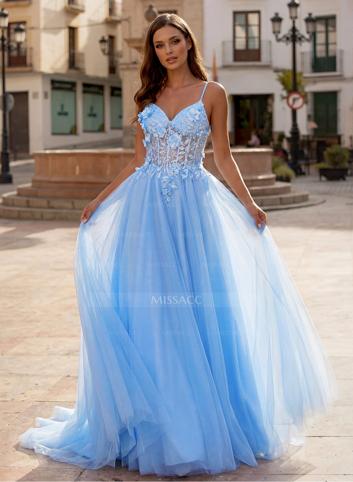 A-Line V-Neck Sleeveless Sweep Train Satin Prom Dresses With Appliques Lace/Flower(s)/High Split