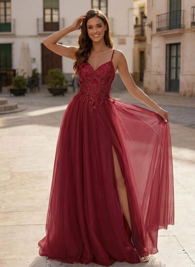 A-Line V-Neck Sleeveless Sweep Train Satin Prom Dresses With Appliques Lace/Flower(s)/High Split