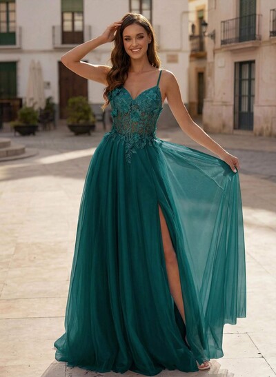 A-Line V-Neck Sleeveless Sweep Train Satin Prom Dresses With Appliques Lace/Flower(s)/High Split