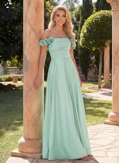 A-Line Off-The-Shoulder Sleeveless Floor-Length Satin Bridesmaid Dresses With Pockets/Flower(s)
