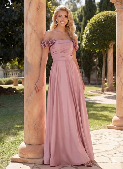A-Line Off-The-Shoulder Sleeveless Floor-Length Satin Bridesmaid Dresses With Pockets/Flower(s)