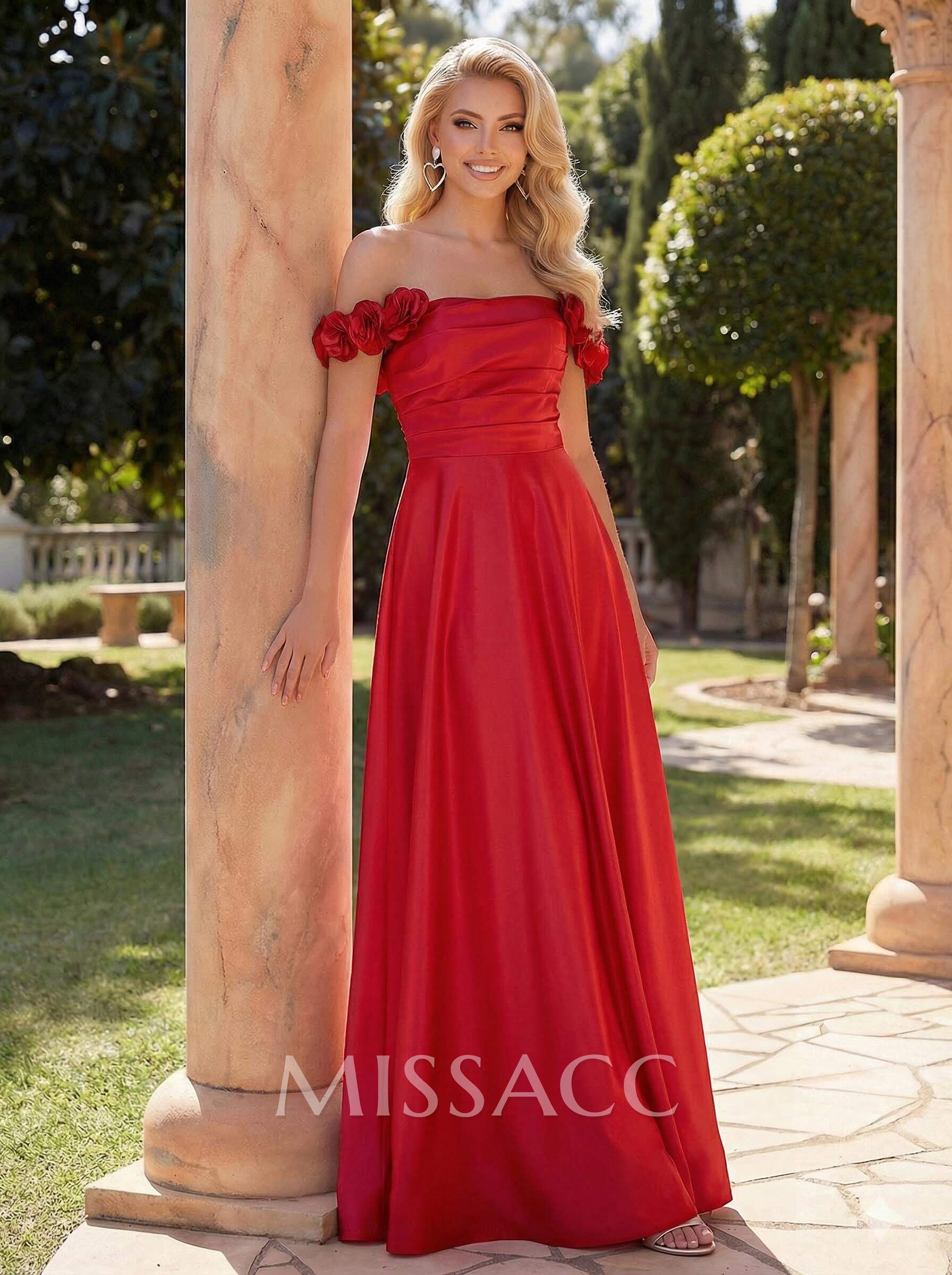 A-Line Off-The-Shoulder Sleeveless Floor-Length Satin Prom Dresses With Pockets/Flower(s)