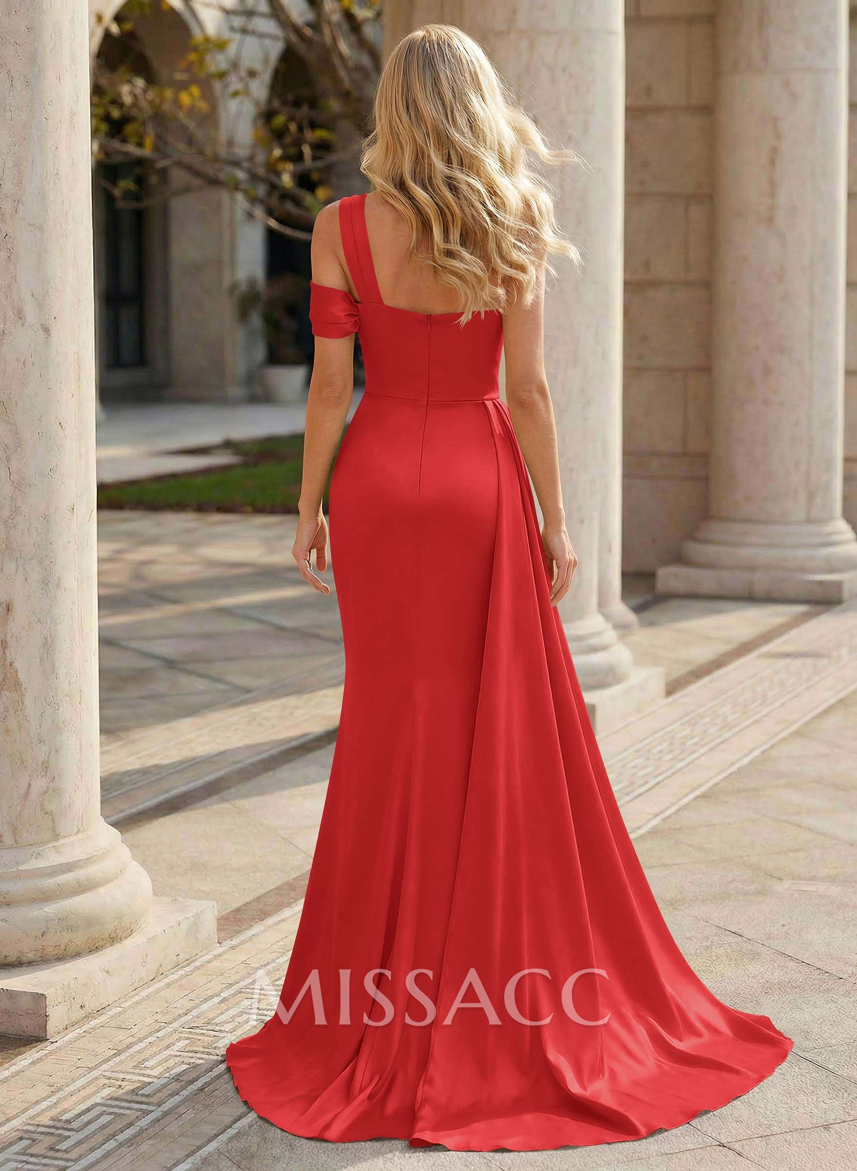 Trumpet/Mermaid One-Shoulder Sweep Train Charmeuse Prom Dresses With Beading/High Split/Sweeping Side Drape