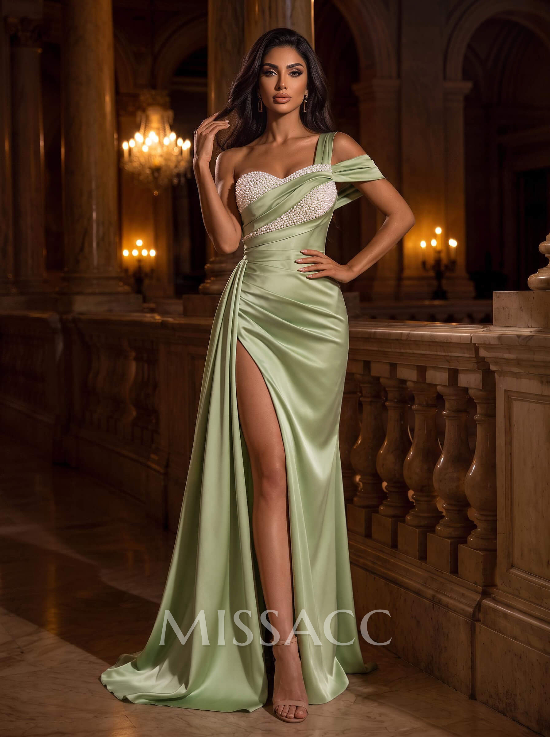 Trumpet/Mermaid One-Shoulder Sweep Train Charmeuse Prom Dresses With Beading/High Split/Sweeping Side Drape