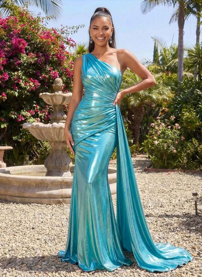 Trumpet/Mermaid One-Shoulder Sweep Train Metallic Lame Prom Dresses With Sweeping Side Drape