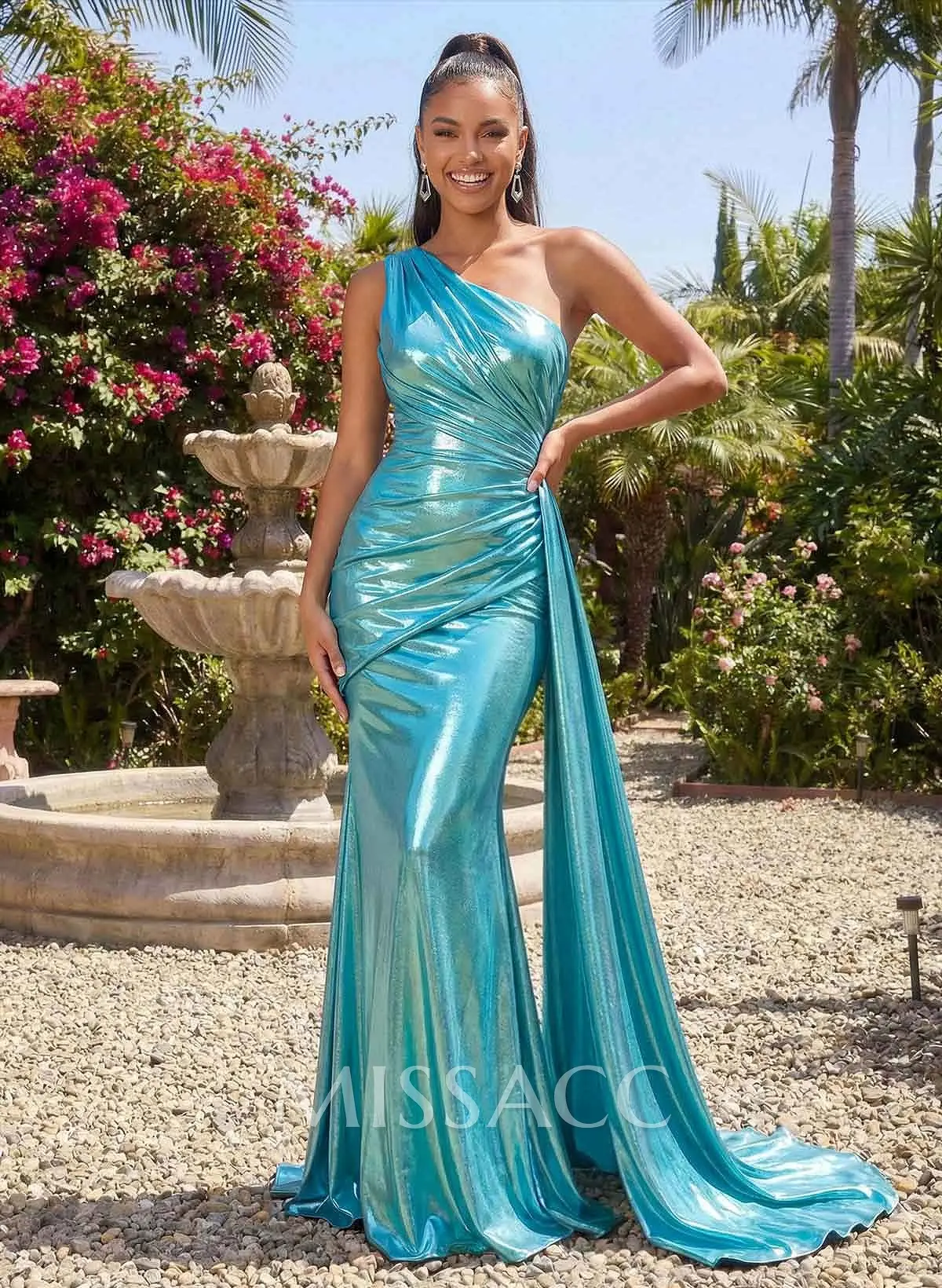 metallic dress with train Trumpet/Mermaid One-Shoulder Sweep Train Metallic Lame Prom Dresses With  Sweeping Side Drape