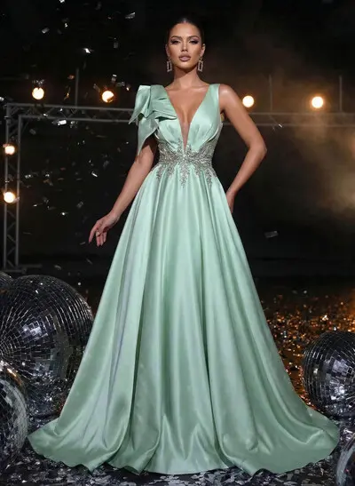 A-Line Plunge Neck Sleeveless Sweep Train Satin Prom Dresses With Bow(s)/Rhinestone