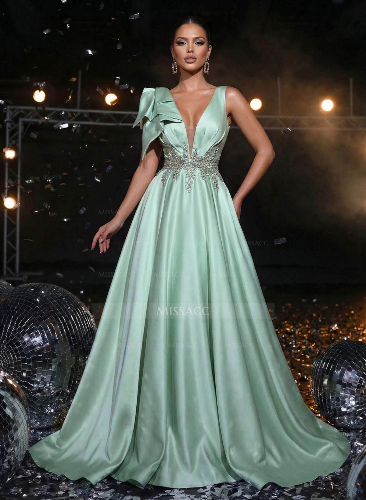 A-Line Plunge Neck Sleeveless Sweep Train Satin Prom Dresses With Bow(s)/Rhinestone