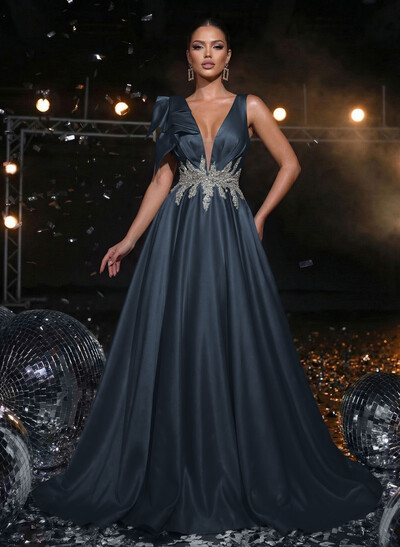 A-Line Plunge Neck Sleeveless Sweep Train Satin Prom Dresses With Bow(s)/Rhinestone