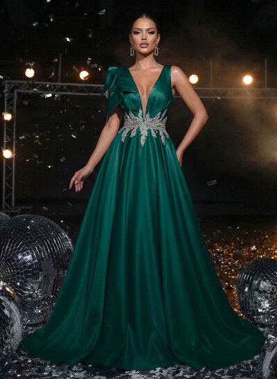 A-Line Plunge Neck Sleeveless Sweep Train Satin Prom Dresses With Bow(s)/Rhinestone