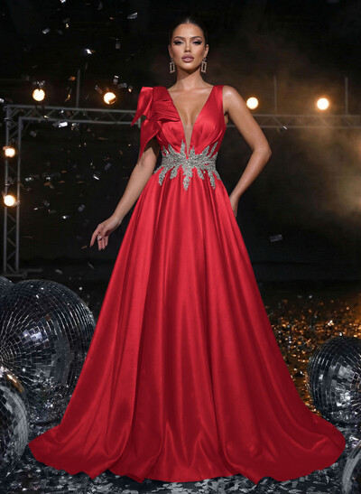 A-Line Plunge Neck Sleeveless Sweep Train Satin Prom Dresses With Bow(s)/Rhinestone