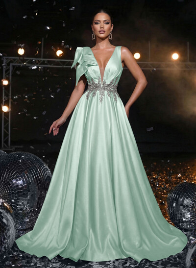 A-Line Plunge Neck Sleeveless Sweep Train Satin Prom Dresses With Bow(s)/Rhinestone