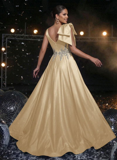 A-Line Plunge Neck Sleeveless Sweep Train Satin Prom Dresses With Bow(s)/Rhinestone