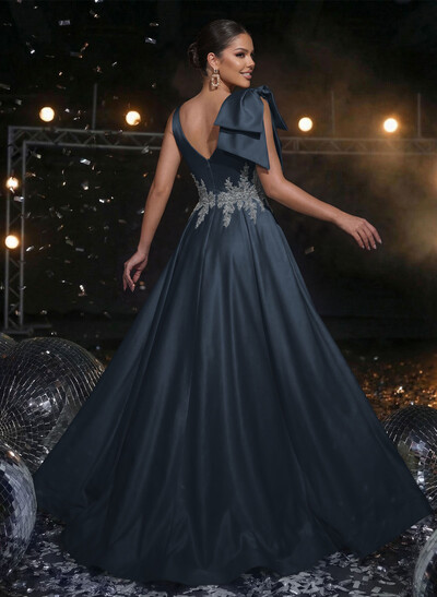 A-Line Plunge Neck Sleeveless Sweep Train Satin Prom Dresses With Bow(s)/Rhinestone