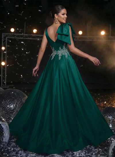 A-Line Plunge Neck Sleeveless Sweep Train Satin Prom Dresses With Bow(s)/Rhinestone