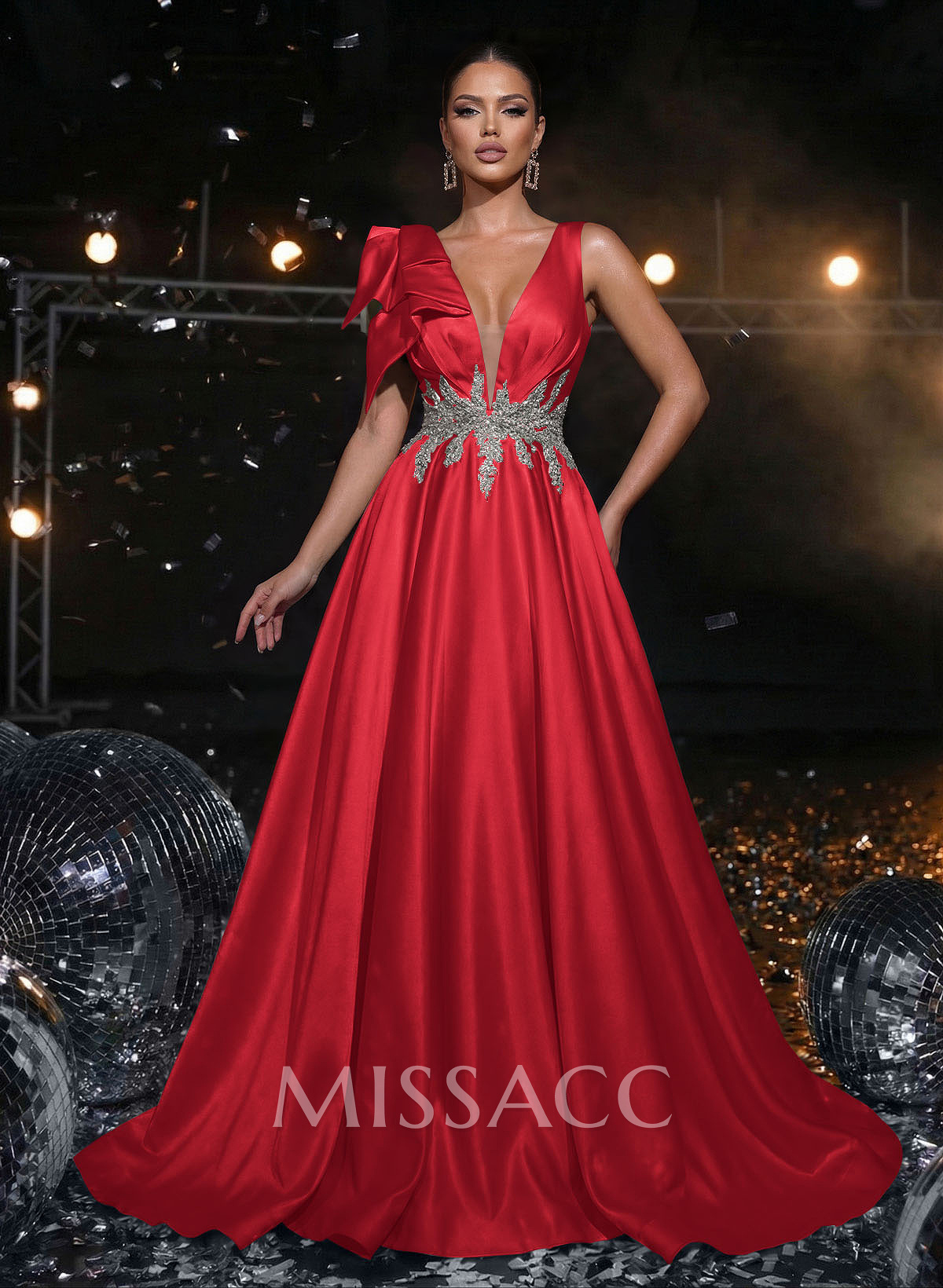 A-Line Plunge Neck Sleeveless Sweep Train Satin Prom Dresses With Bow(s)/Rhinestone