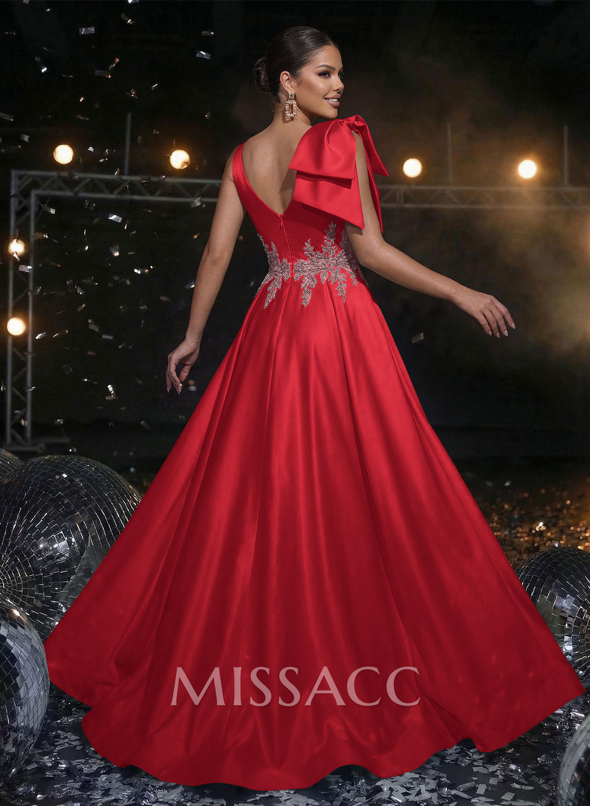 A-Line Plunge Neck Sleeveless Sweep Train Satin Prom Dresses With Bow(s)/Rhinestone