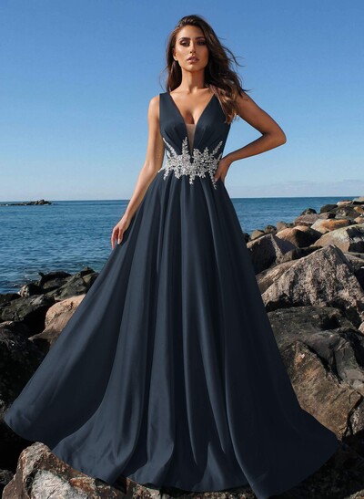 A-Line Plunge Neck Sleeveless Sweep Train Satin Prom Dresses With Rhinestone