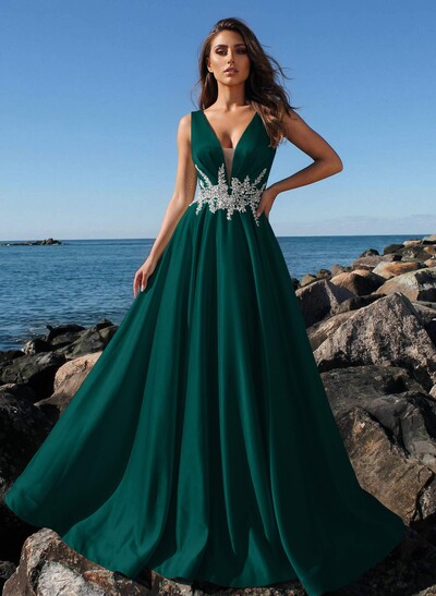 A-Line Plunge Neck Sleeveless Sweep Train Satin Prom Dresses With Rhinestone