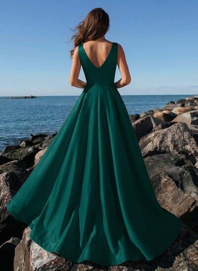 A-Line Plunge Neck Sleeveless Sweep Train Satin Prom Dresses With Rhinestone
