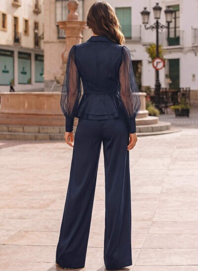 Jumpsuit/Pantsuit V-Neck Long Sleeve Floor-Length Crepe Satin Formal Dress With Ruffles