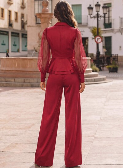 Jumpsuit/Pantsuit V-Neck Long Sleeves Floor-Length Crepe Satin Prom Dresses With Ruffle