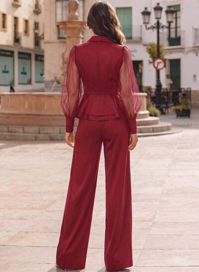 Jumpsuit/Pantsuit V-Neck Long Sleeves Floor-Length Crepe Satin Prom Dresses With Ruffle