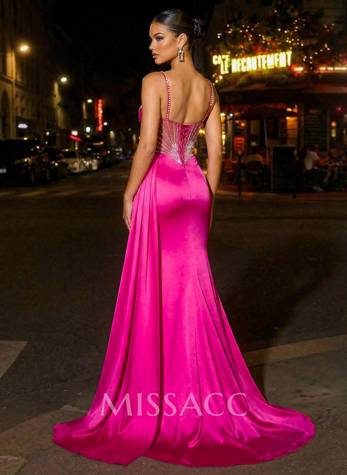 Trumpet/Mermaid Sweetheart Sweep Train Stretch Satin Knit Prom Dresses With Rhinestone/High Split/Sweeping Side Drape