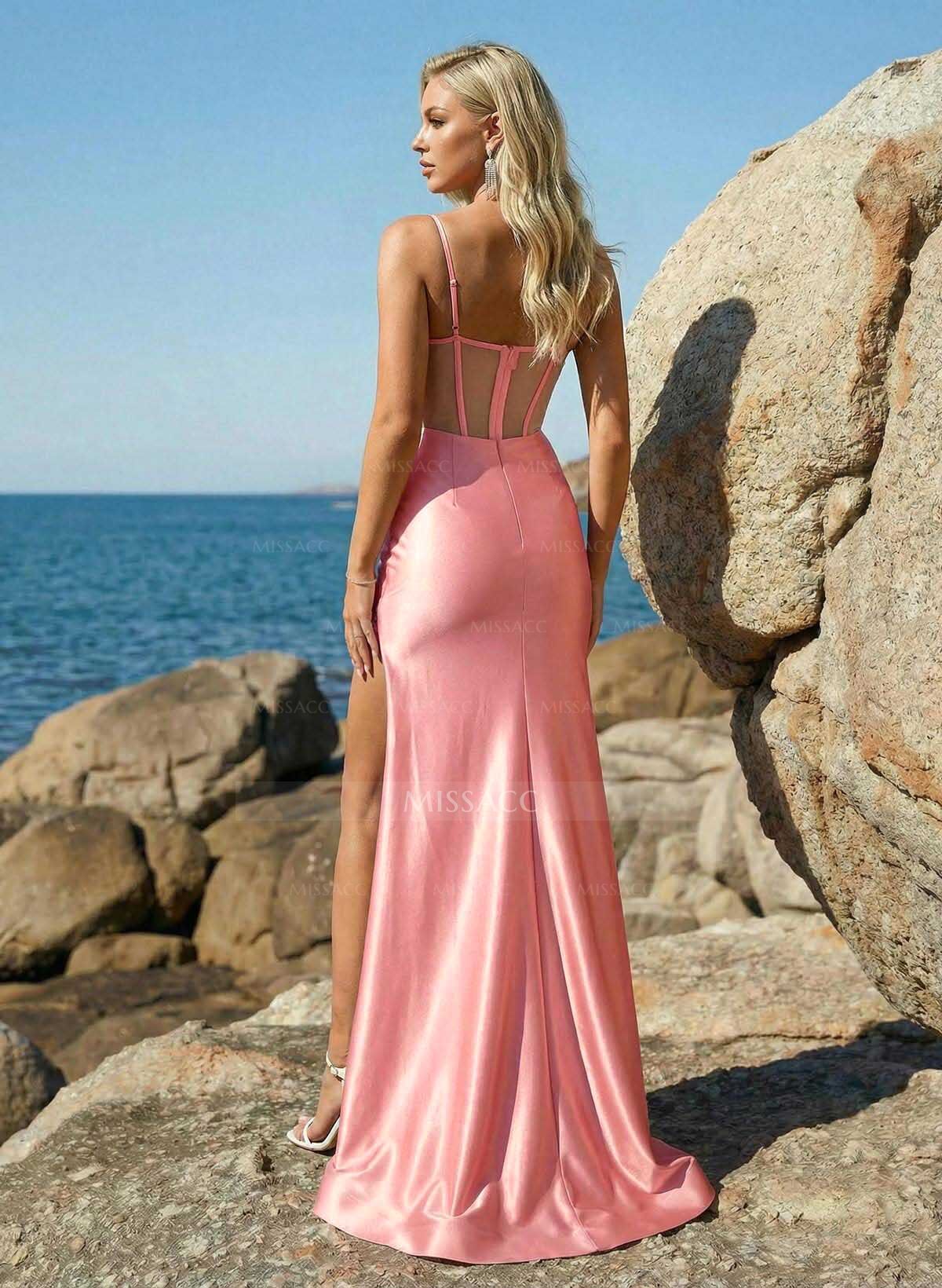 Trumpet/Mermaid Sweetheart Sweep Train Stretch Satin Knit Prom Dresses With Rhinestone/High Split