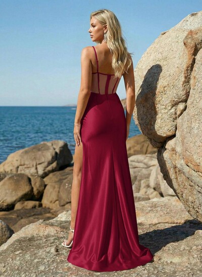 Trumpet/Mermaid Sweetheart Sweep Train Stretch Satin Knit Prom Dresses With Rhinestone/High Split