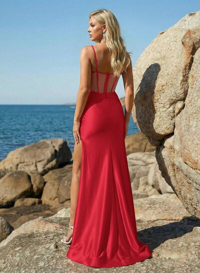 Trumpet/Mermaid Sweetheart Sweep Train Stretch Satin Knit Prom Dresses With Rhinestone/High Split