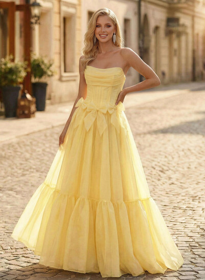Sweet & Flow A-Line Strapless Sleeveless Floor-Length Organza Prom Dresses With Bow(s)